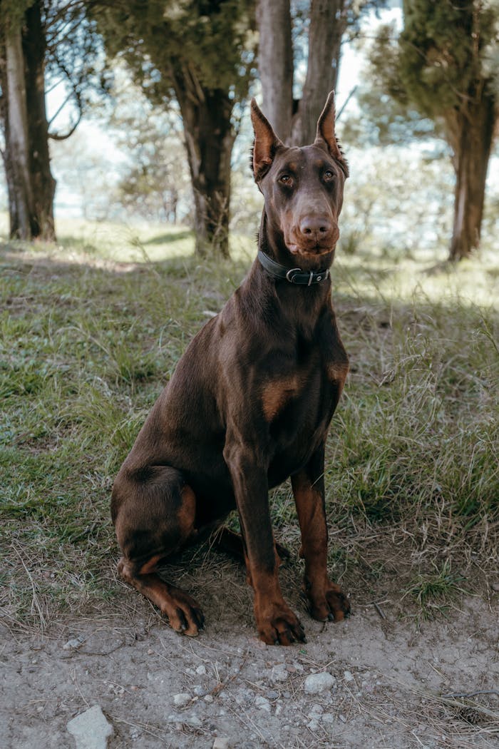 digital A majestic Doberman Pinscher sitting among trees in a serene forest setting.